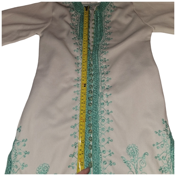 Vintage Moroccan Midi Dress Tunic Kaftan Hippie Teal Button embroidery Women OS - Picture 10 of 11